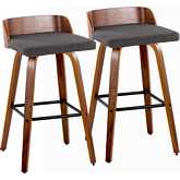 Maya 30" Swivel Bar Stool in Walnut Wood & Charcoal Fabric with Black Footrest (Set of 2)